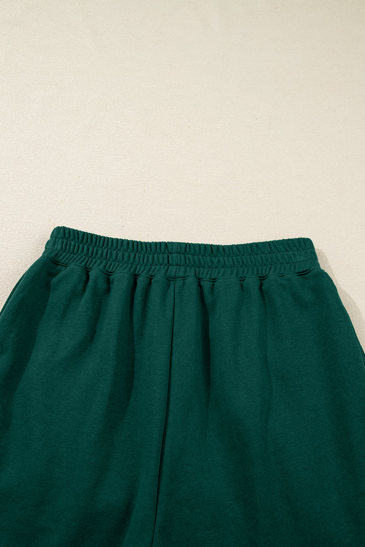 Dark Green Pearl Embellished Drop Shoulder Pullover Elastic Waist Mini Skirt Set