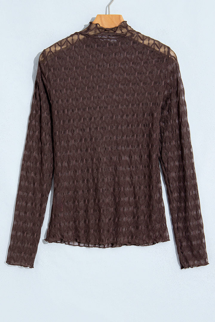 Chicory Coffee Sheer Textured Lace Stand Neck Long Sleeve Top