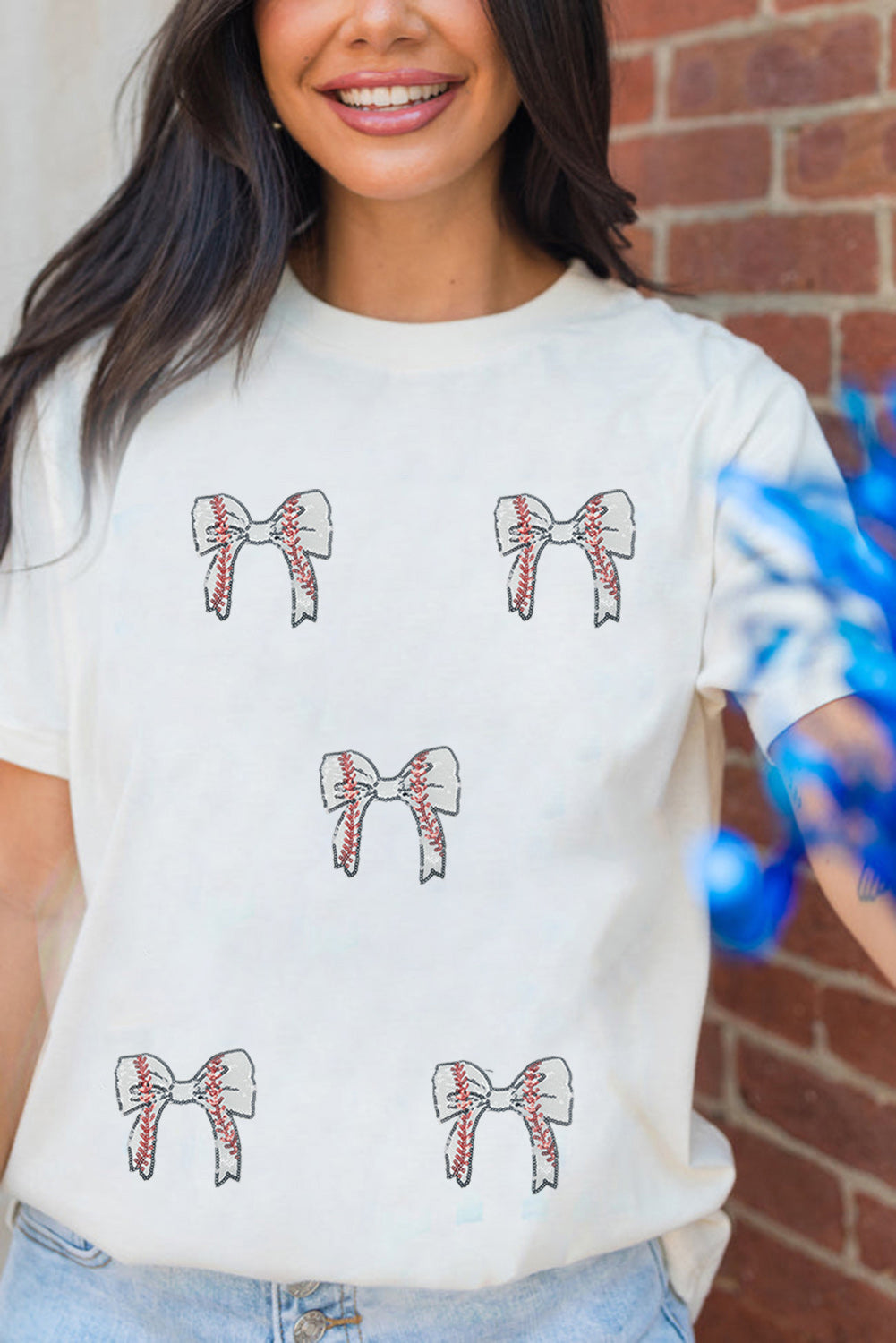 White Glitter Baseball Bow Patched Cotton Blend T Shirt