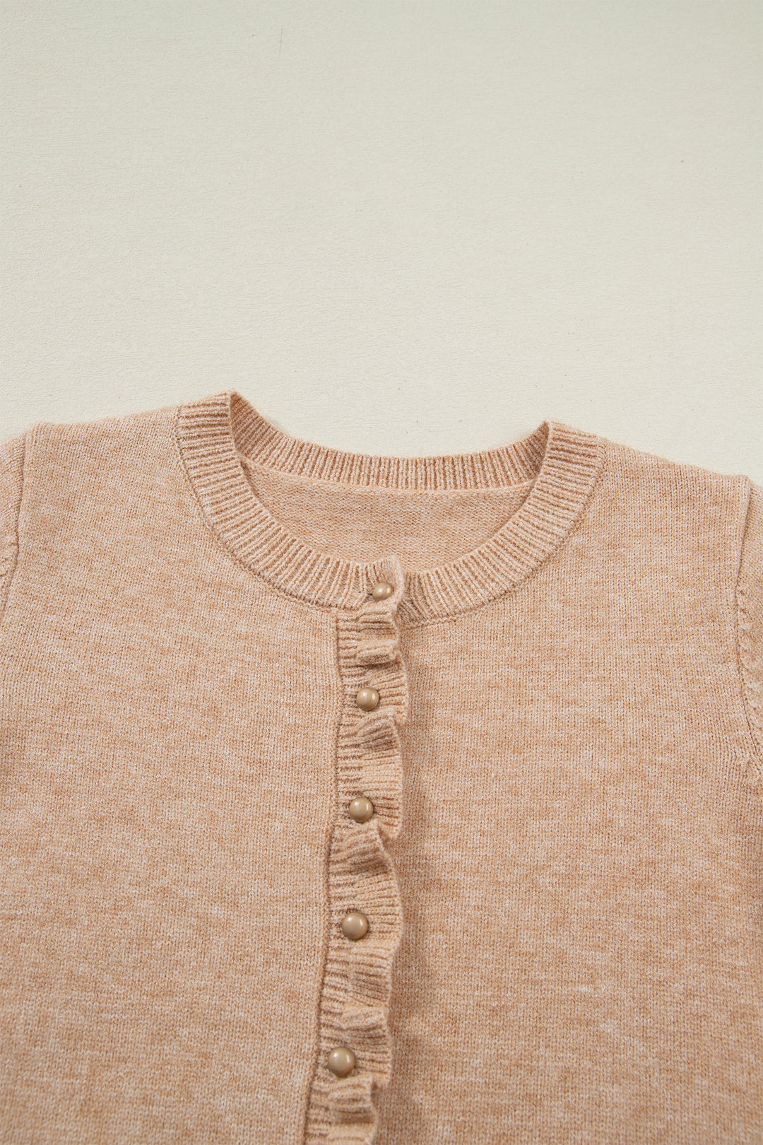 Oatmeal Ruffle Trim Gold Button Sweater Cardigan