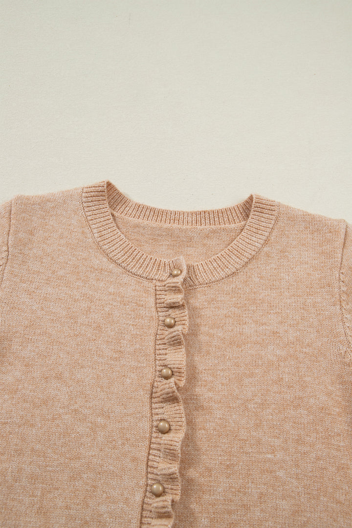 Oatmeal Ruffle Trim Gold Button Sweater Cardigan