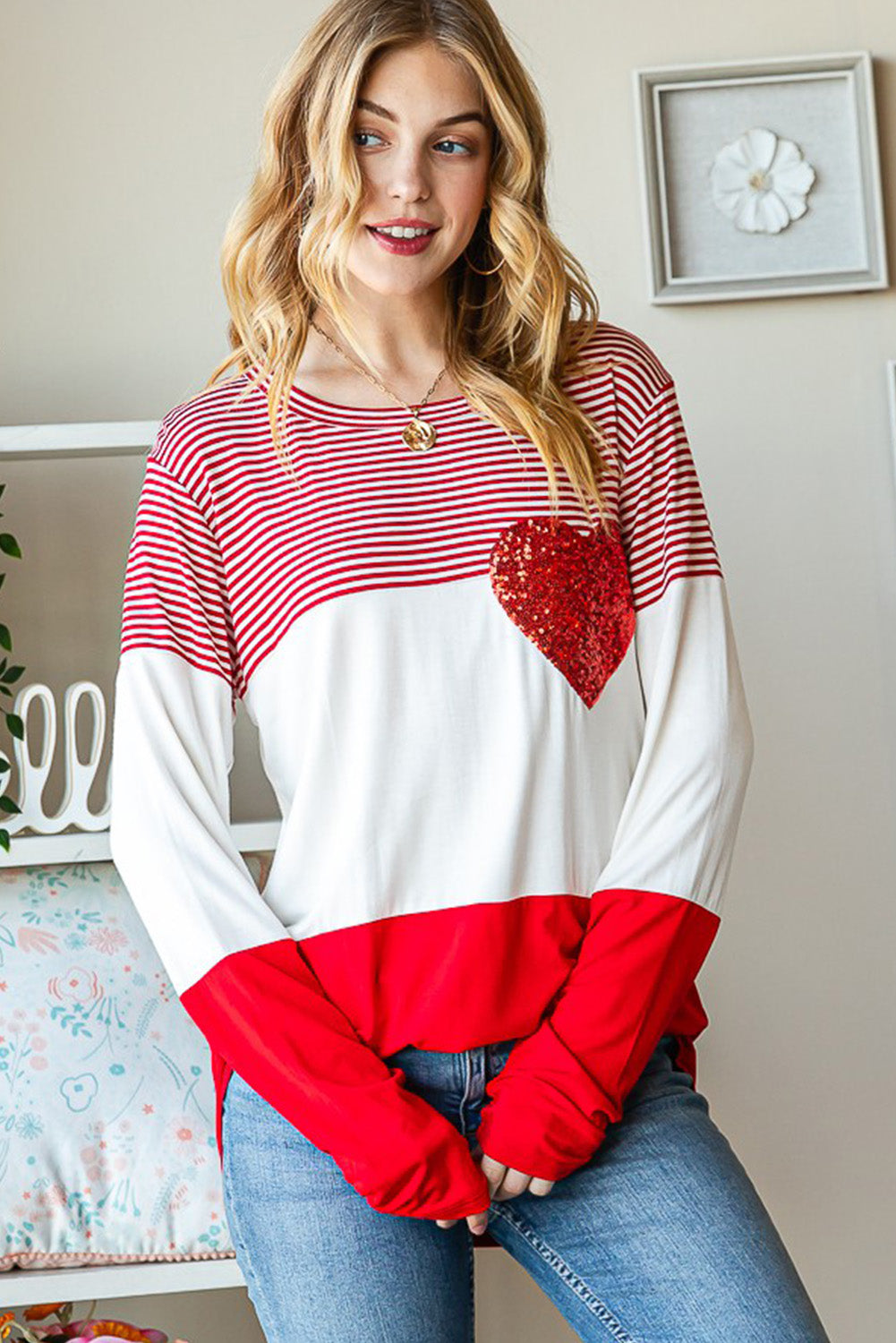 Fiery Red Valentine's Day Sequin Heart Striped Colorblock Top