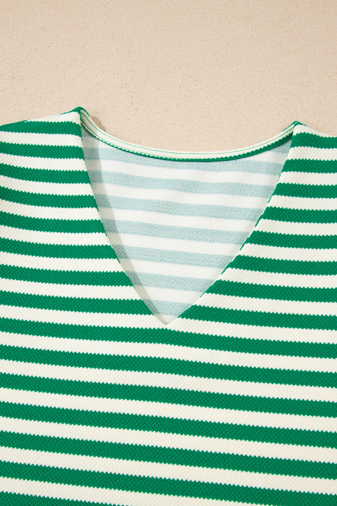 Green Stripe Puff Short Sleeve Patchwork V Neck Blouse