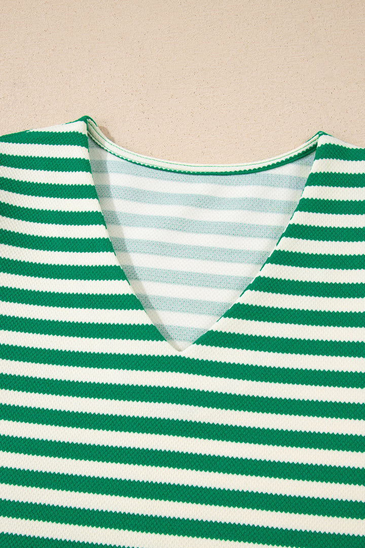 Green Stripe Puff Short Sleeve Patchwork V Neck Blouse