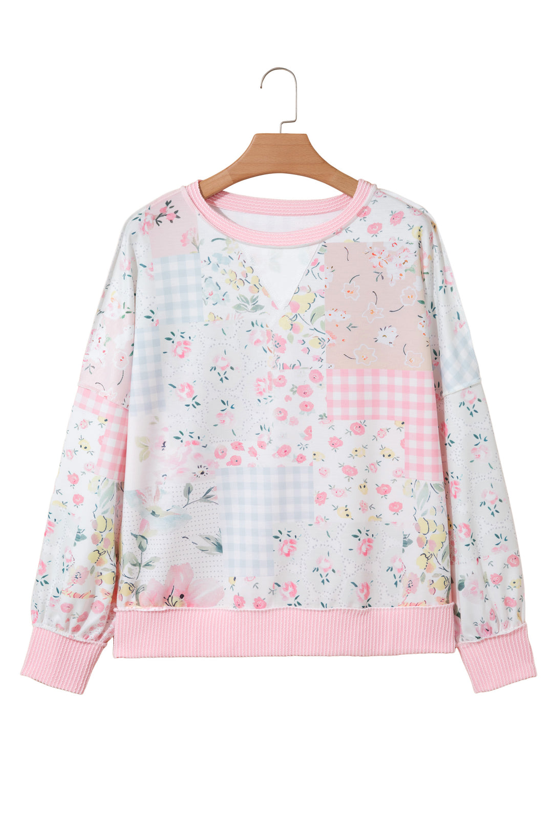 Pink Twisted Ribbed Trim Floral Print Patchwork Long Sleeve Top