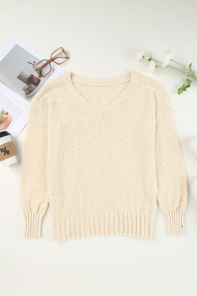 Beige Solid Fuzzy V-Neck Sweater