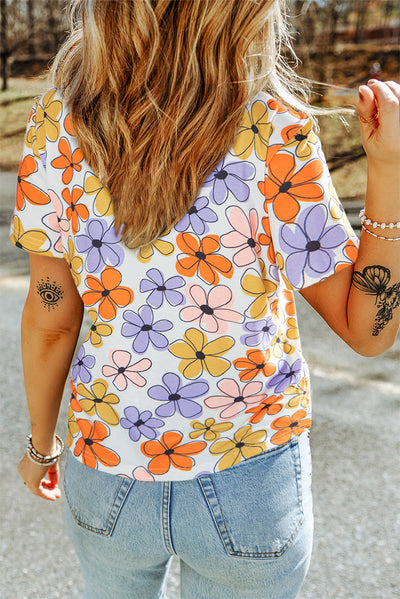 Orange Summer Flower Print Casual Round Neck T Shirt