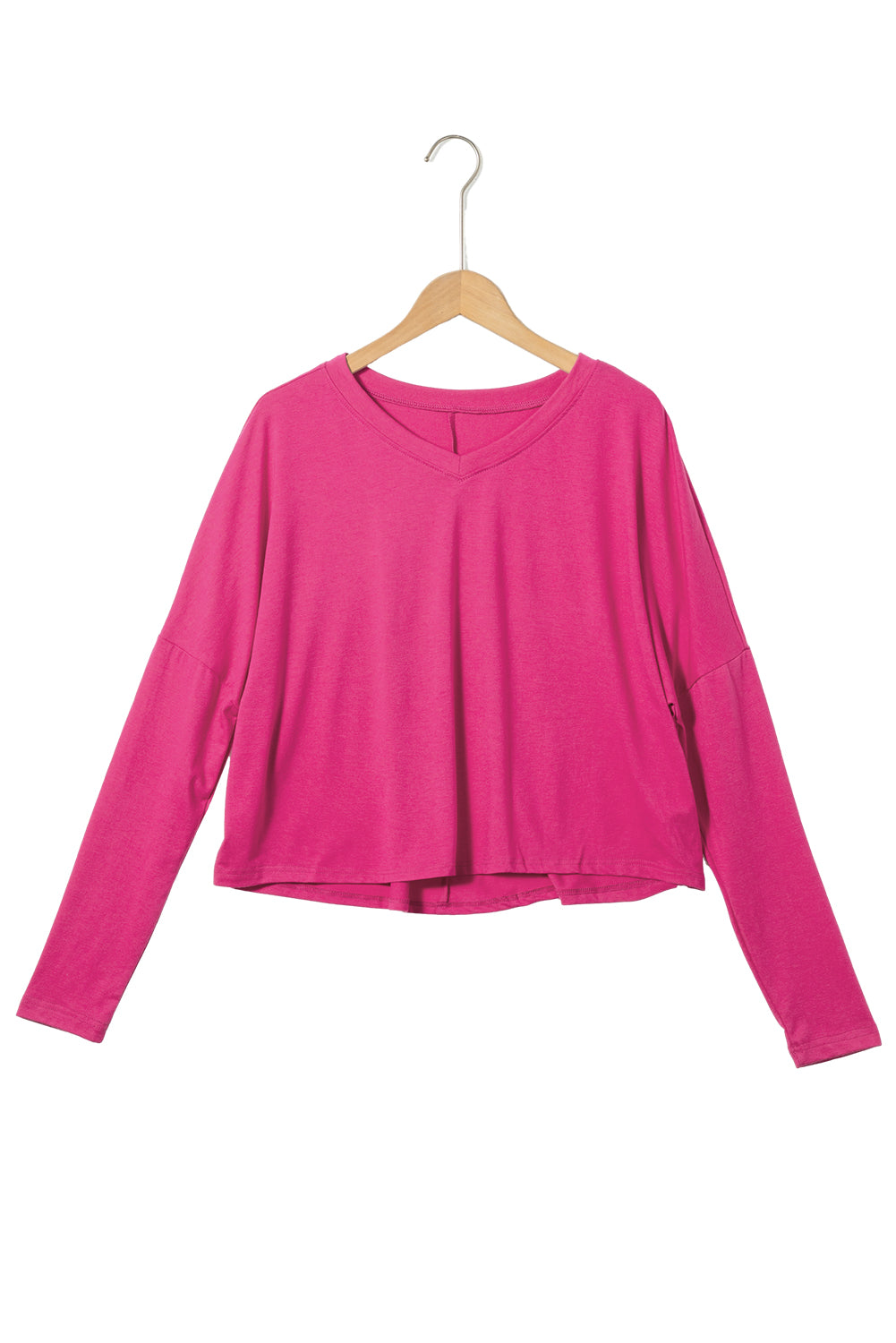 Rose Red Loose V Neck Dropped Long Sleeve Top