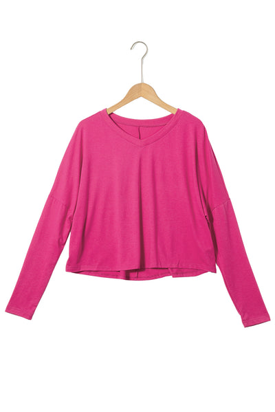 Rose Red Loose V Neck Dropped Long Sleeve Top