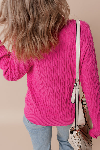 Rose Red Solid Cable Knit High Neck Drop Shoulder Sweater