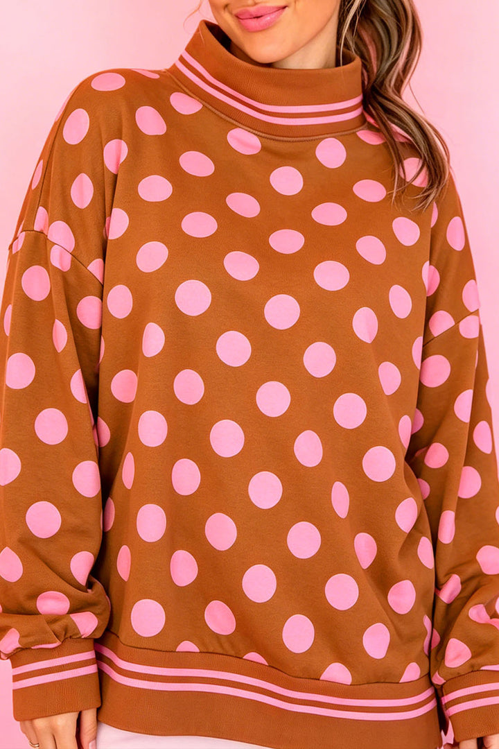 Rose Polka Dot Striped Trim Mock Neck Sweatshirt