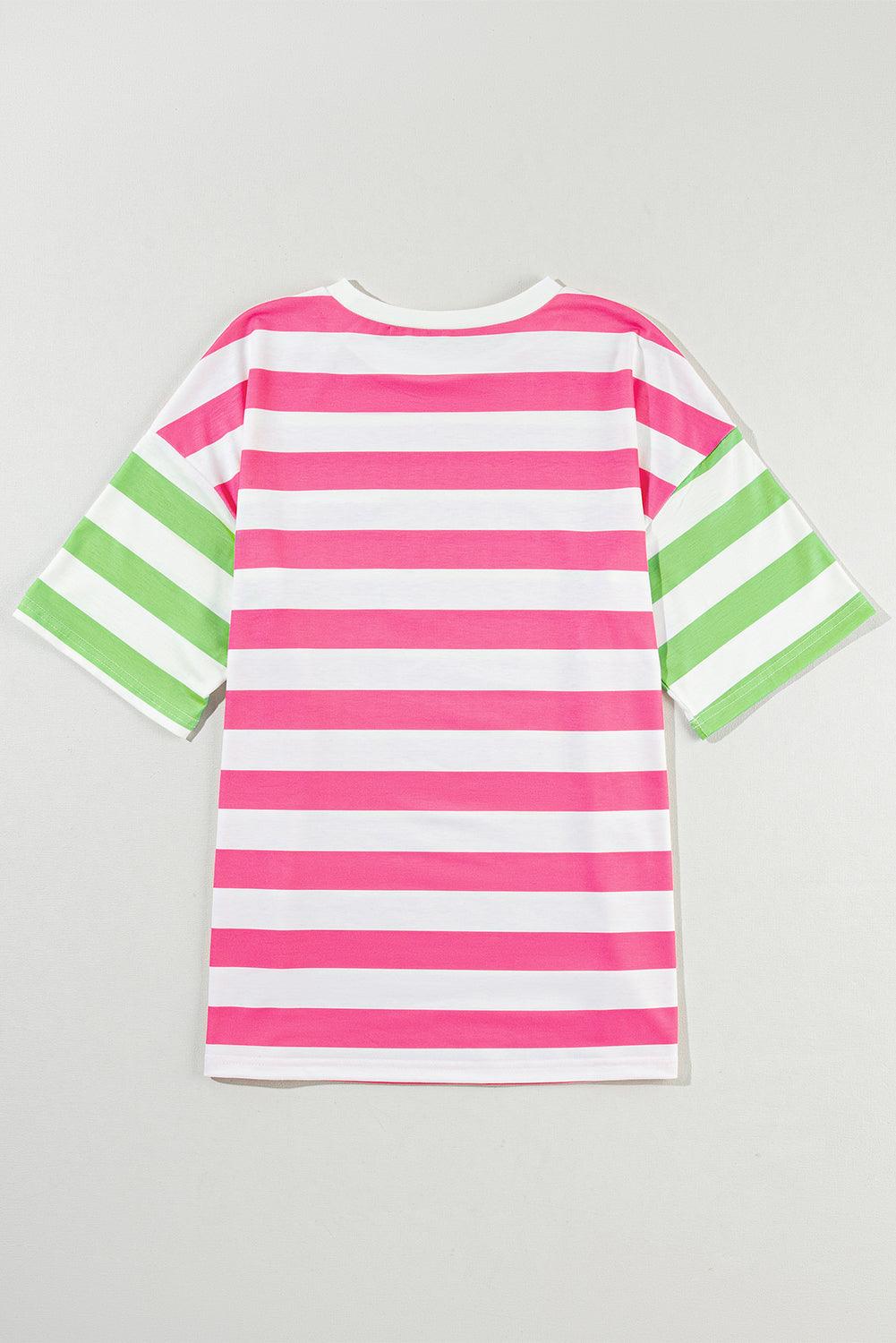 Pink Stripe Contrast Patch Pocket Drop Sleeve T Shirt