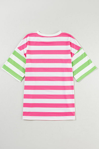 Pink Stripe Contrast Patch Pocket Drop Sleeve T Shirt