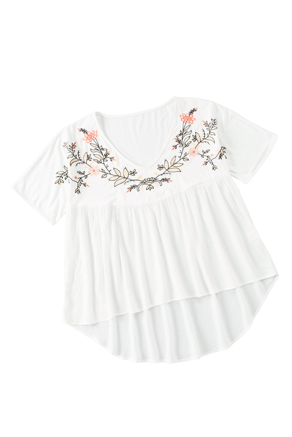 White Floral Embroidered V Neck Crinkle Babydoll Blouse