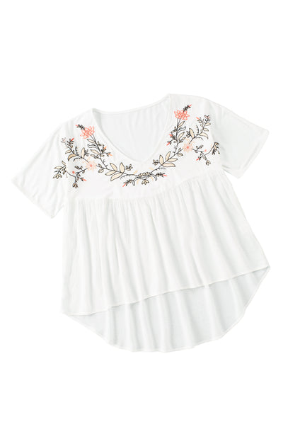 White Floral Embroidered V Neck Crinkle Babydoll Blouse