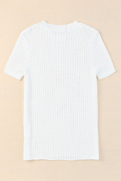 White Hollow-out Knitted Short Sleeve T Shirt