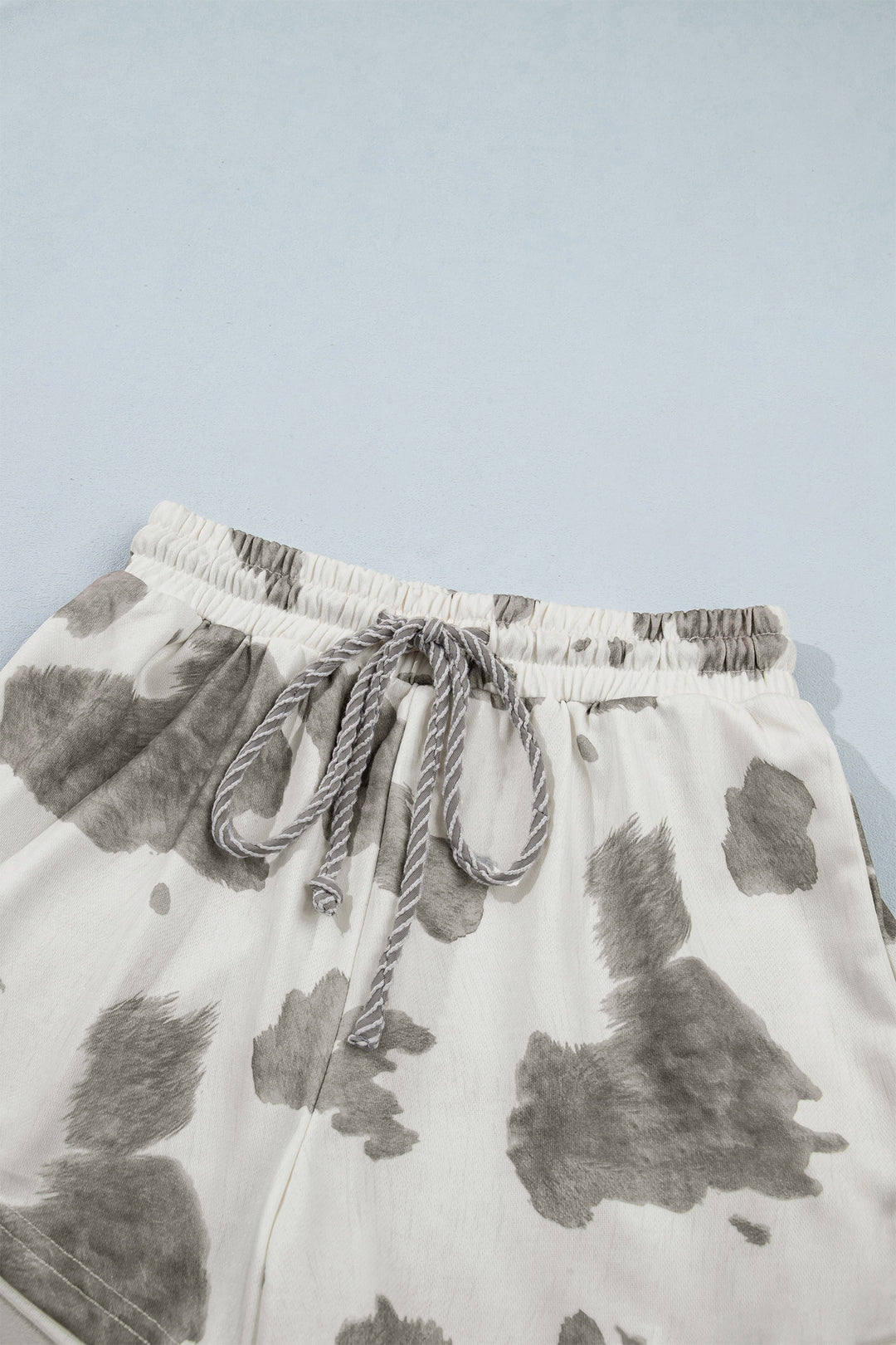 Gray Western Print Raw Hem Long Sleeve Top Drawstring Shorts Set