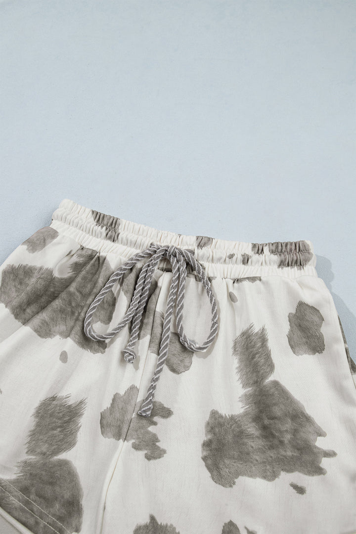 Gray Western Print Raw Hem Long Sleeve Top Drawstring Shorts Set
