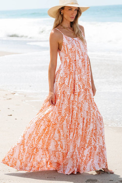 Orange Abstract Print Spaghetti Straps Backless Tiered Maxi Dress