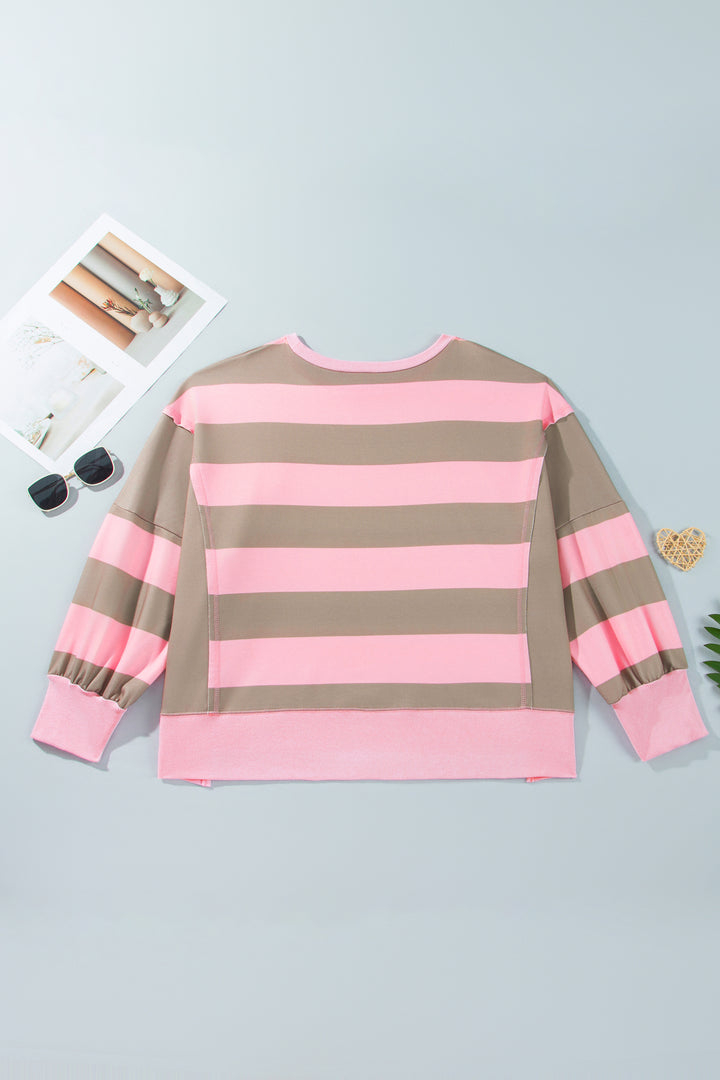 Pink Stripe Raw Seam Patchwork Drop Shoulder Plus Size Sweatshirt
