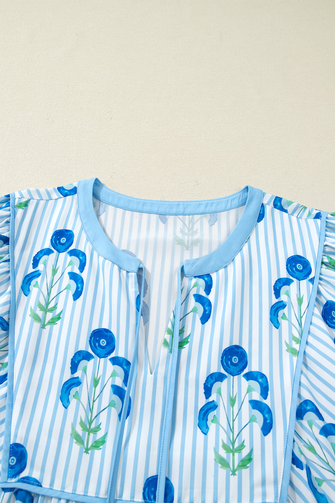 Sky Blue Floral Striped Bubble Short Sleeve Plus Size Dress