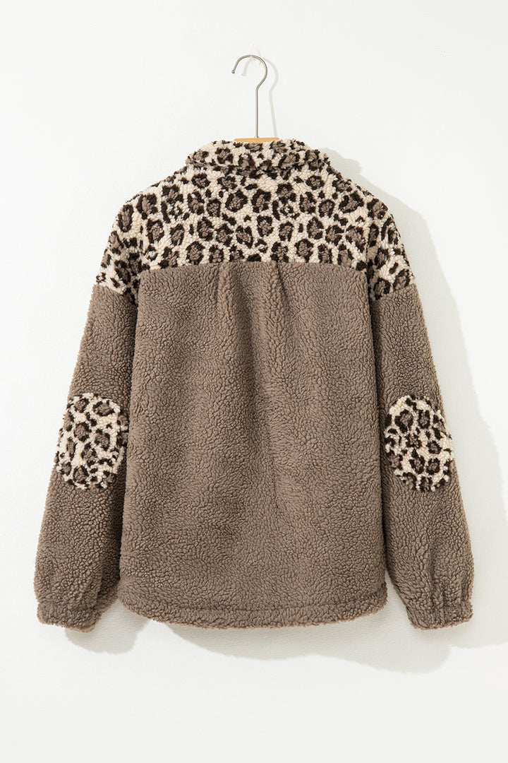 Brown Sherpa Leopard Print Flap Pocket Collared Button Up Jacket