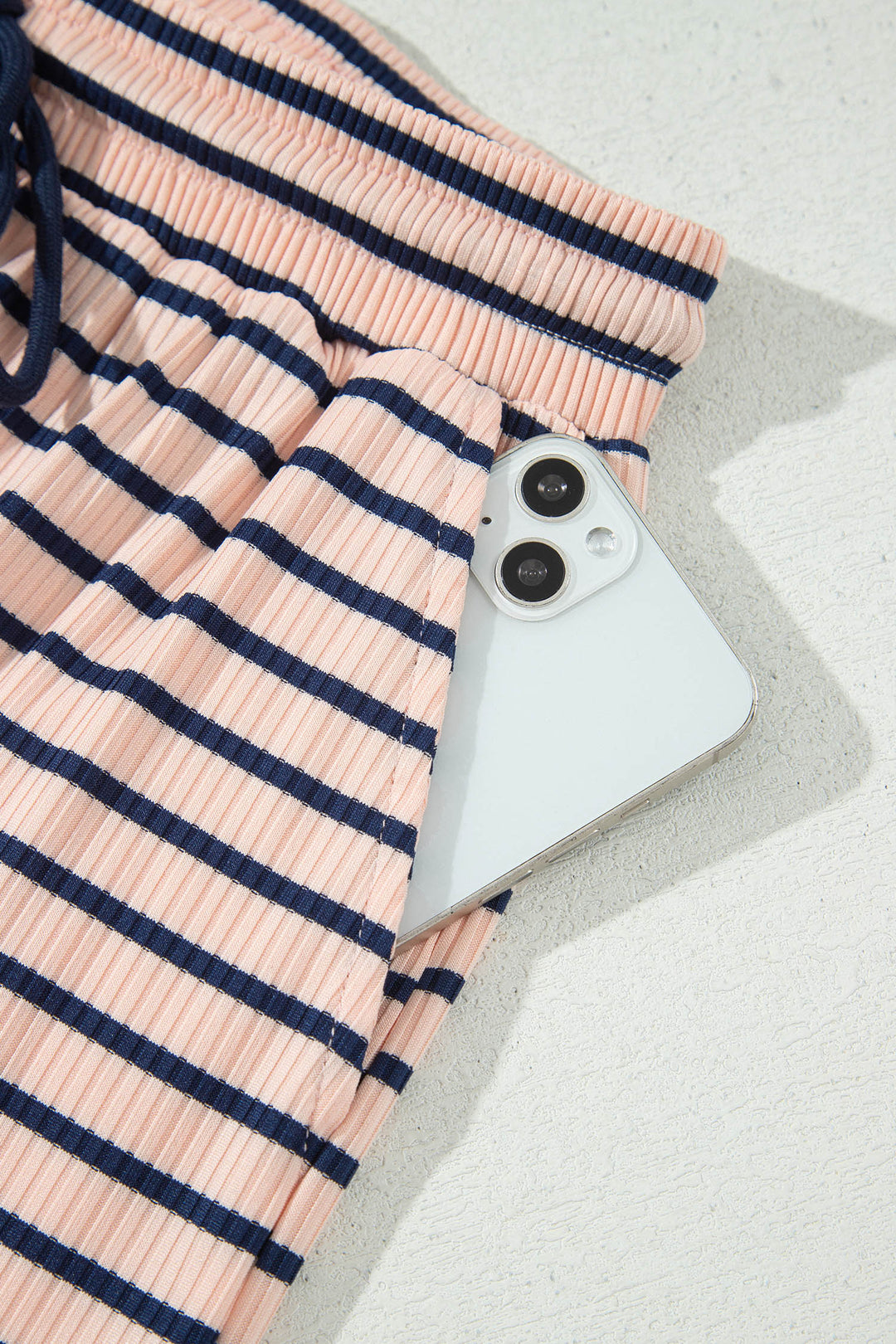 Blue Stripe Color Block Long Sleeve Pullover Ribbed Knit Casual Shorts Set