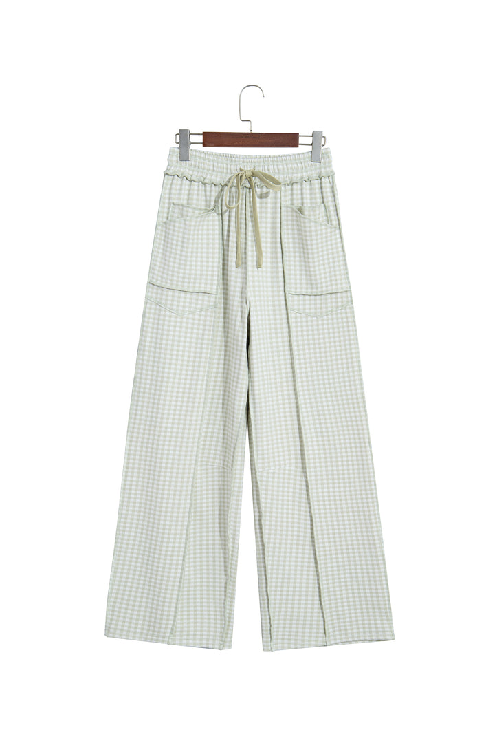 Green Plaid Contrast Trim Drawstring Elastic Waist Shift Pants