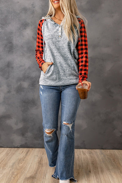 Red Plaid Splicing Kangaroo Pocket Buttoned Hoodie