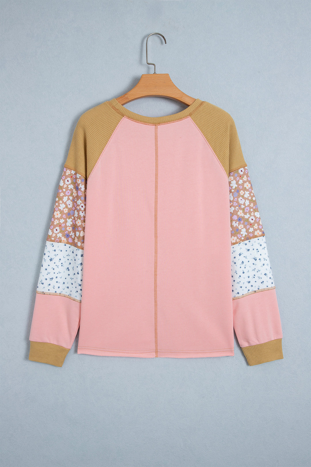 Apricot Pink Color Block Floral Waffle Mixed Patchwork Long Sleeve Top