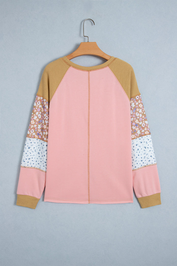 Apricot Pink Color Block Floral Waffle Mixed Patchwork Long Sleeve Top