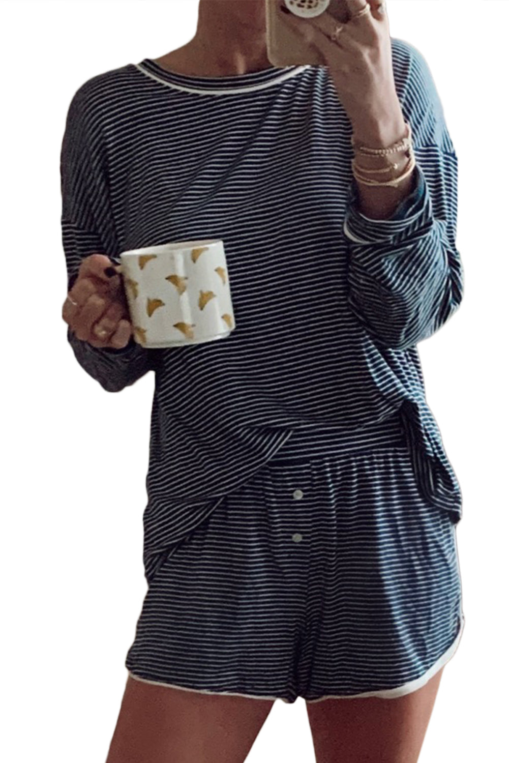 Blue Stripe Drop Shoulder Round Neck Long Sleeve Tee and Buttoned Shorts 2pcs Lounge Set