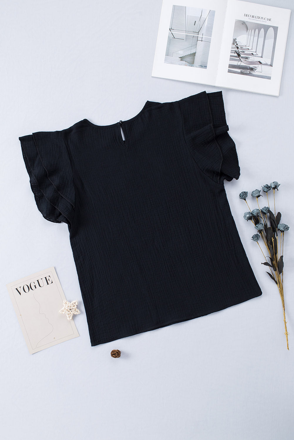 Black Textured Tiered Ruffled Short Sleeve Blouse