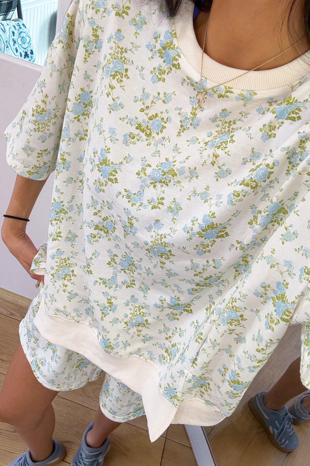 Sky Blue Floral Print Short Sleeve Elastic Waist Pocket Casual Two Piece Short Sets