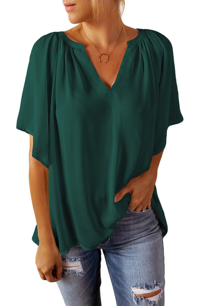 Green Split Neck Pleated Loose Top