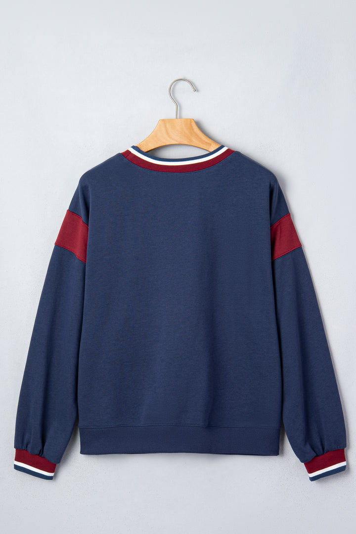 Sail Blue Patchwork Round Neck Long Sleeve Sweatshirt