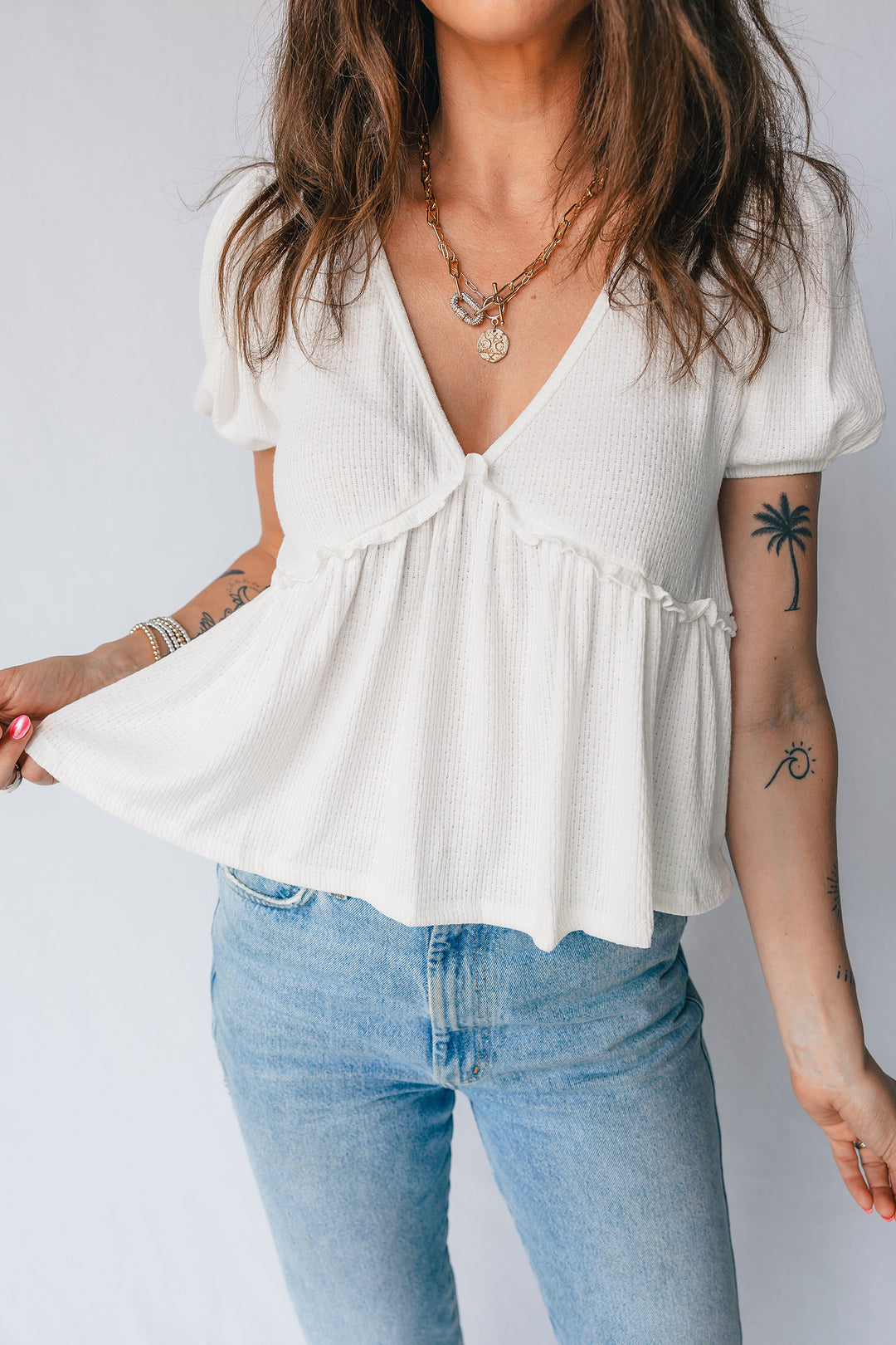White Textured Knit V Neck Short Bubble Sleeve Peplum Top