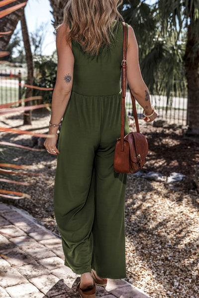 Moss Green Sleeveless V Neck Ruched Wide Leg Jumpsuit