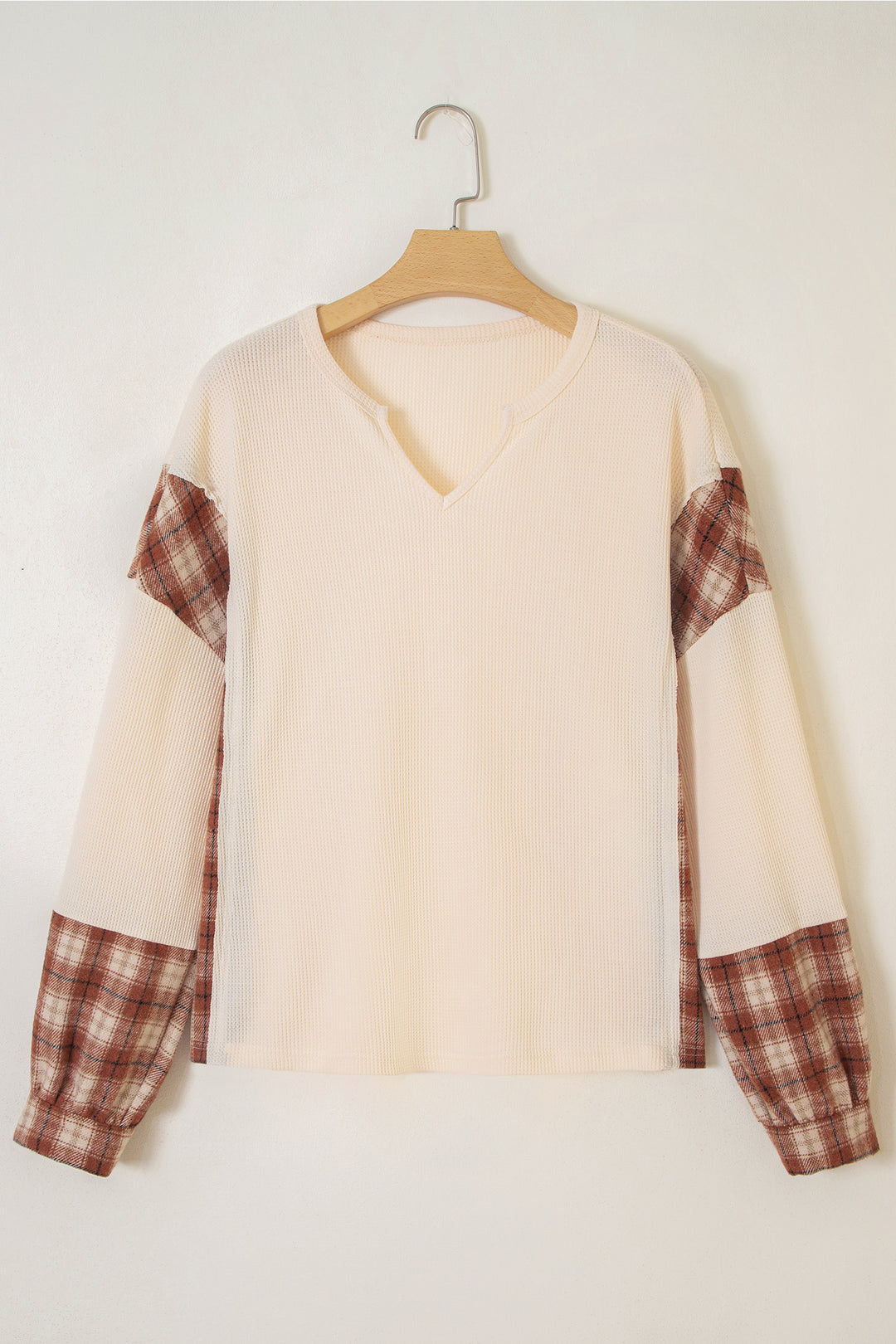 Beige Waffle Textured V Neck Plaid Colorblock Drop Shoulder Long Sleeve Top