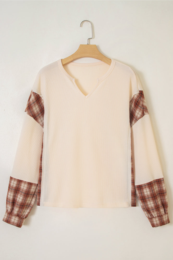 Beige Waffle Textured V Neck Plaid Colorblock Drop Shoulder Long Sleeve Top