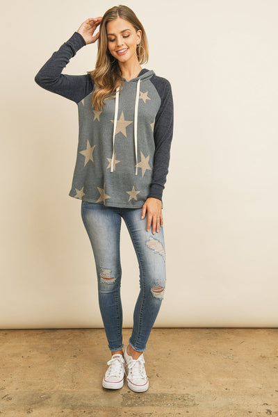 Brushed Hacci Sleeve Rib Detail Star Print Hoodie With Drawstring