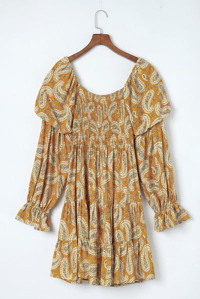 Yellow Boho Paisley Long Sleeve Floral Dress