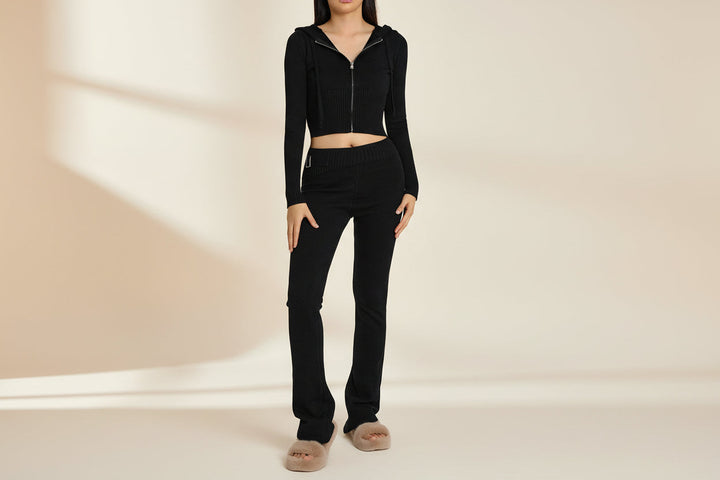 Women’s Knitted Hooded Two-Piece Set – Cardigan &amp; High-Waisted Pants Suit