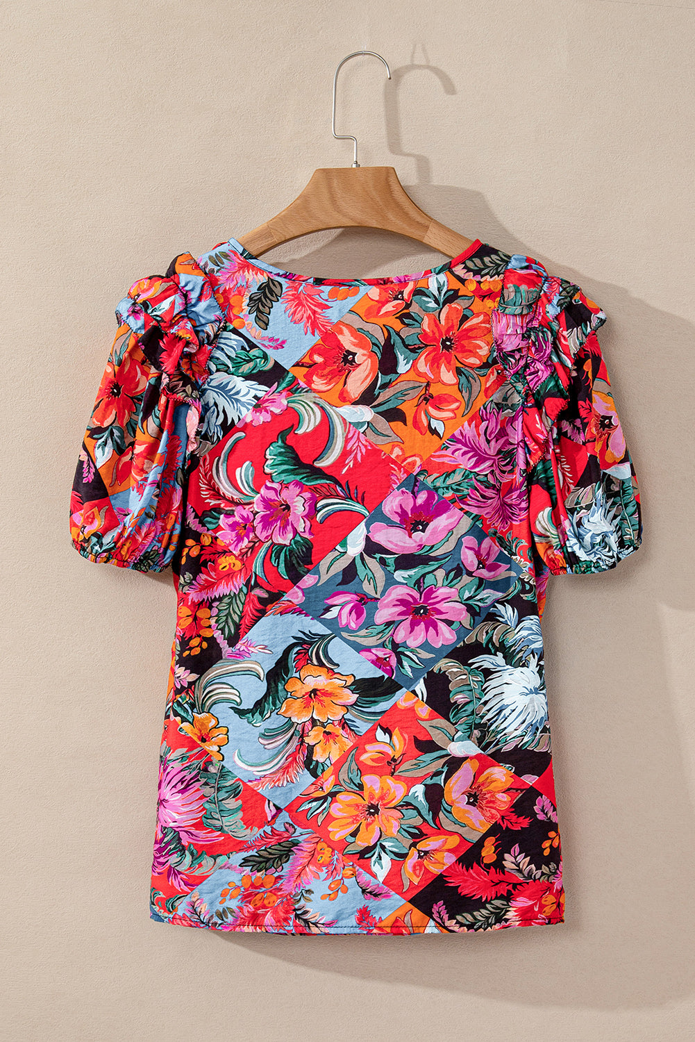 Multicolour Floral Print Ruffle Trim Bubble Sleeve Split Neck Blouse