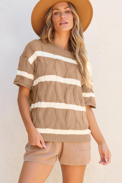 Dark Khaki Striped Cable Short Sleeve Sweater