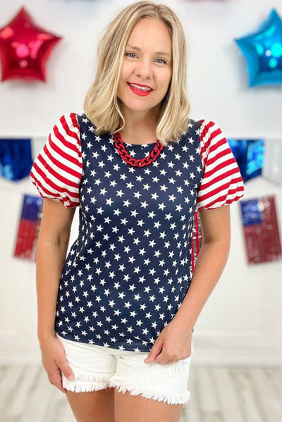 Navy Blue 4th Of July Stars Stripes Puff Sleeve T Shirt