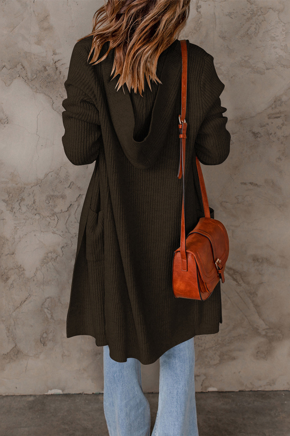 Hooded Pockets Open Front Knitted Cardigan