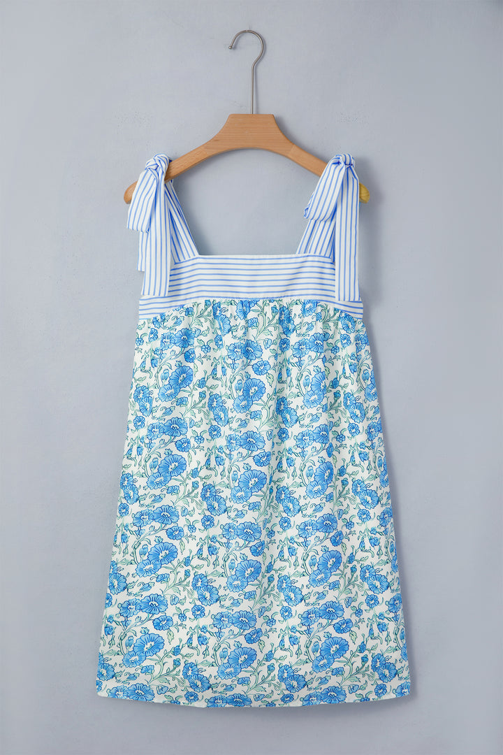 Sky Blue Floral Print Striped Patchwork Bow Knot Straps Mini Dress