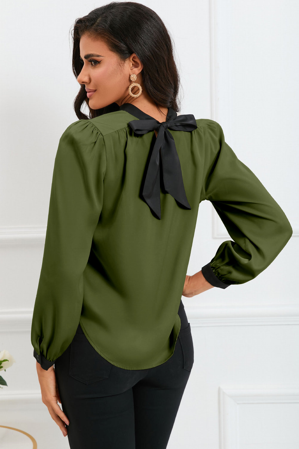 Green Color Block Bow Back Mock Neck Blouse