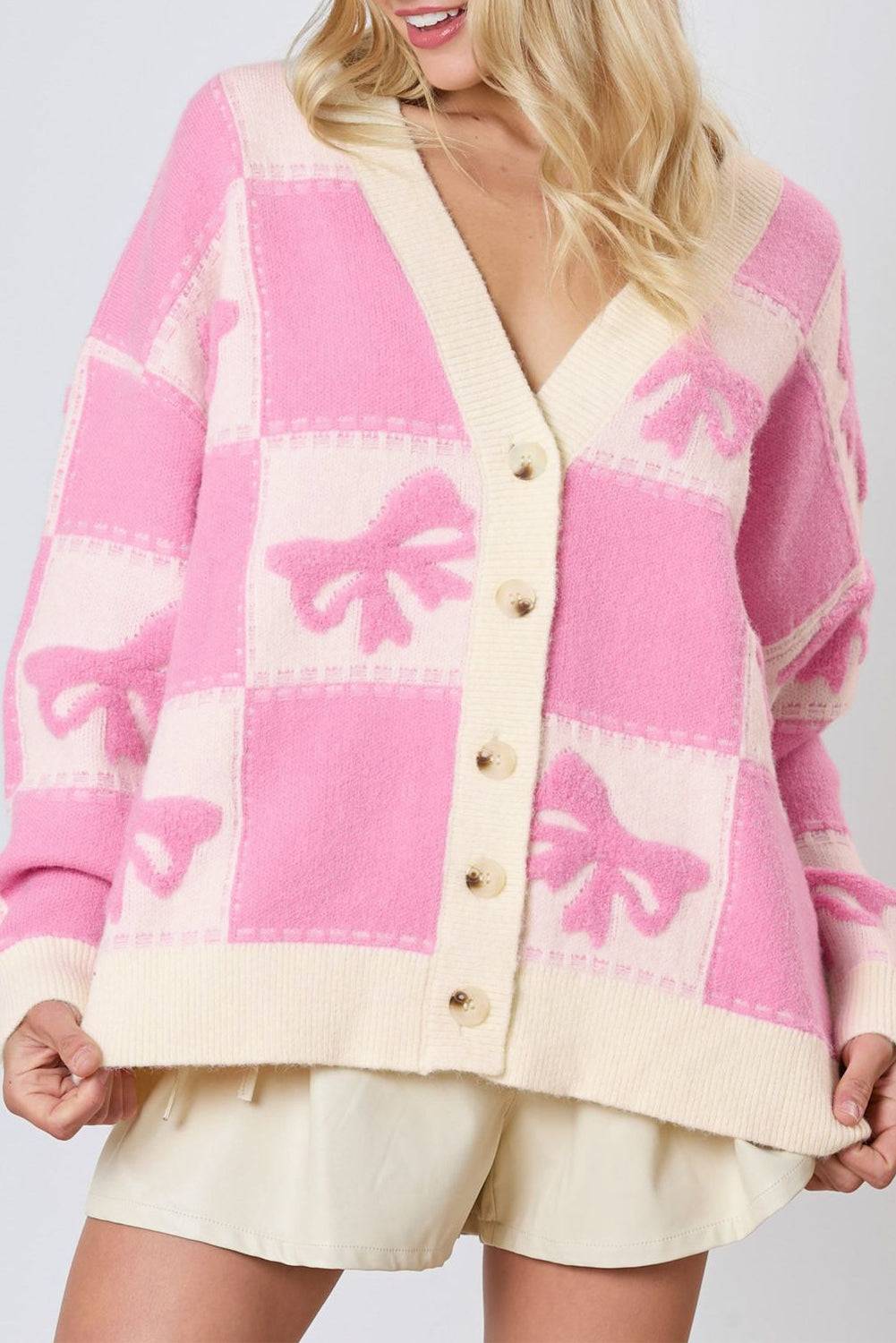 Pink Bowknot Checkered Pattern V Neck Drop Shoulder Button Up Cardigan